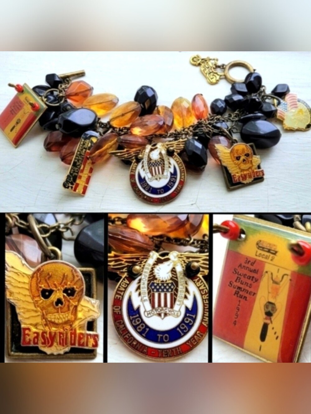 Vtg 90s Harley abate easy rider orange blk bead graphic pins chunky bracelet NWT